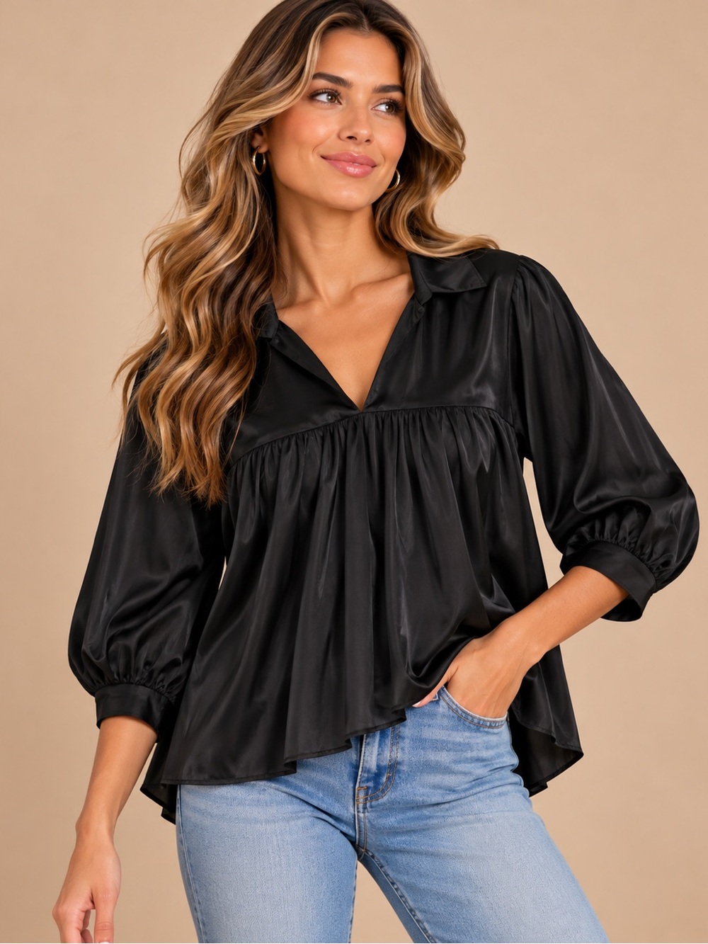 Adrienne Black Satin Ruffle Collar Babydoll Blouse Size Medium